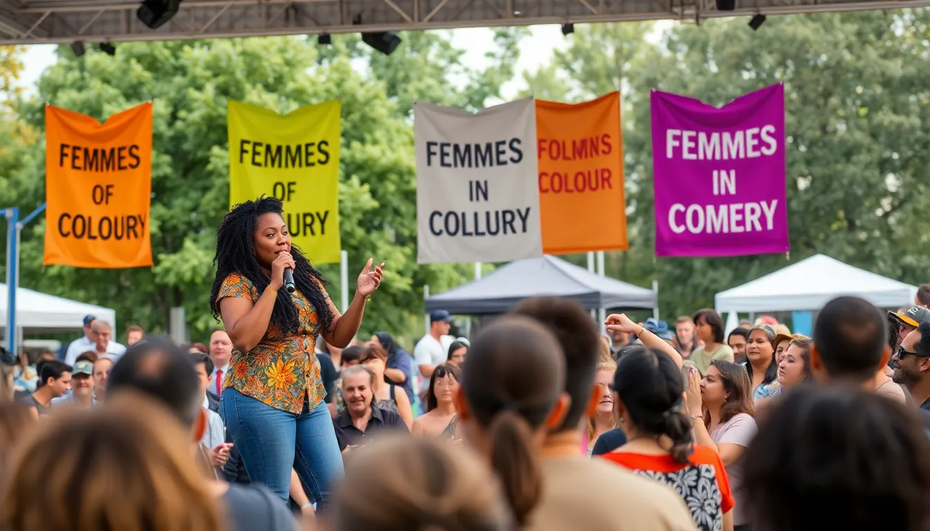 A diverse group of comedians engaging in a lively standup performance, showcasing their unique perspectives and humor at FOC Fest