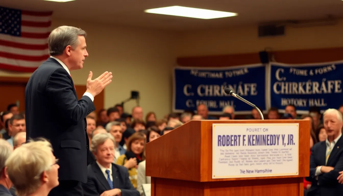 Robert F. Kennedy Jr. speaks passionately to a crowd during a town hall meeting in New Hampshire, emphasizing his commitment to transparency while addressing the complexities of his independent presidential campaign.