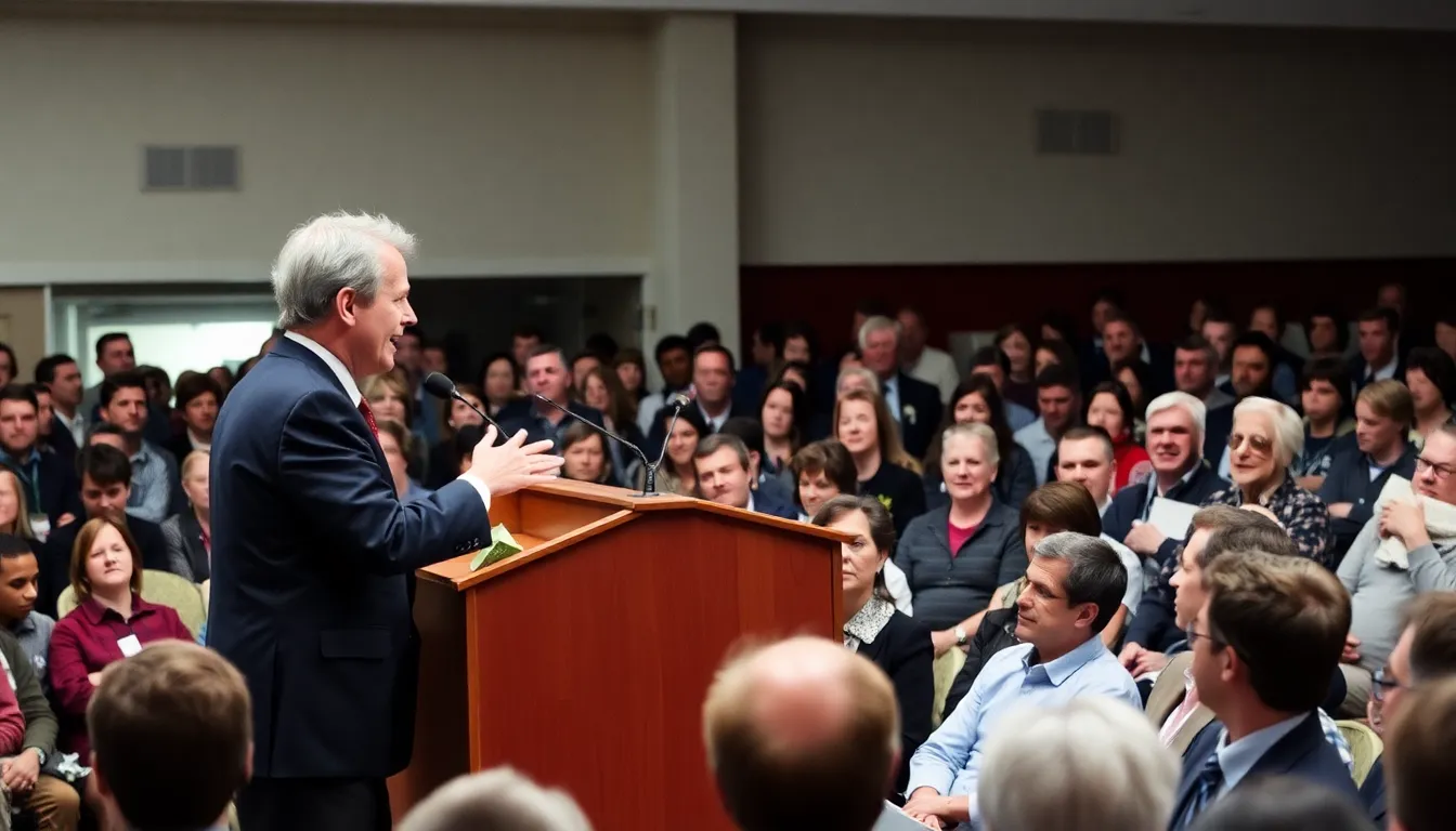 A crowded political rally where supporters gather to hear Kennedy's views on environmental policy and public health, highlighting the diverse demographics attracted to his campaign