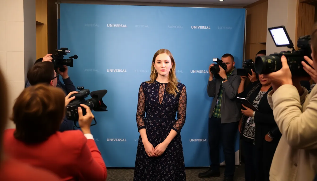 Kennedy Ryan stands confidently at a press event, discussing her new firstlook deal with Universal Studio Group, surrounded by reporters and cameras.
