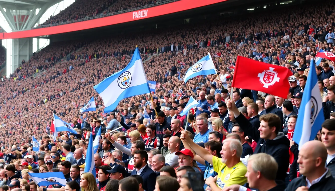 Fans celebrate passionately in the stands at Wembley Stadium during the FA Cup semifinal match between Manchester City and Sheffield United.