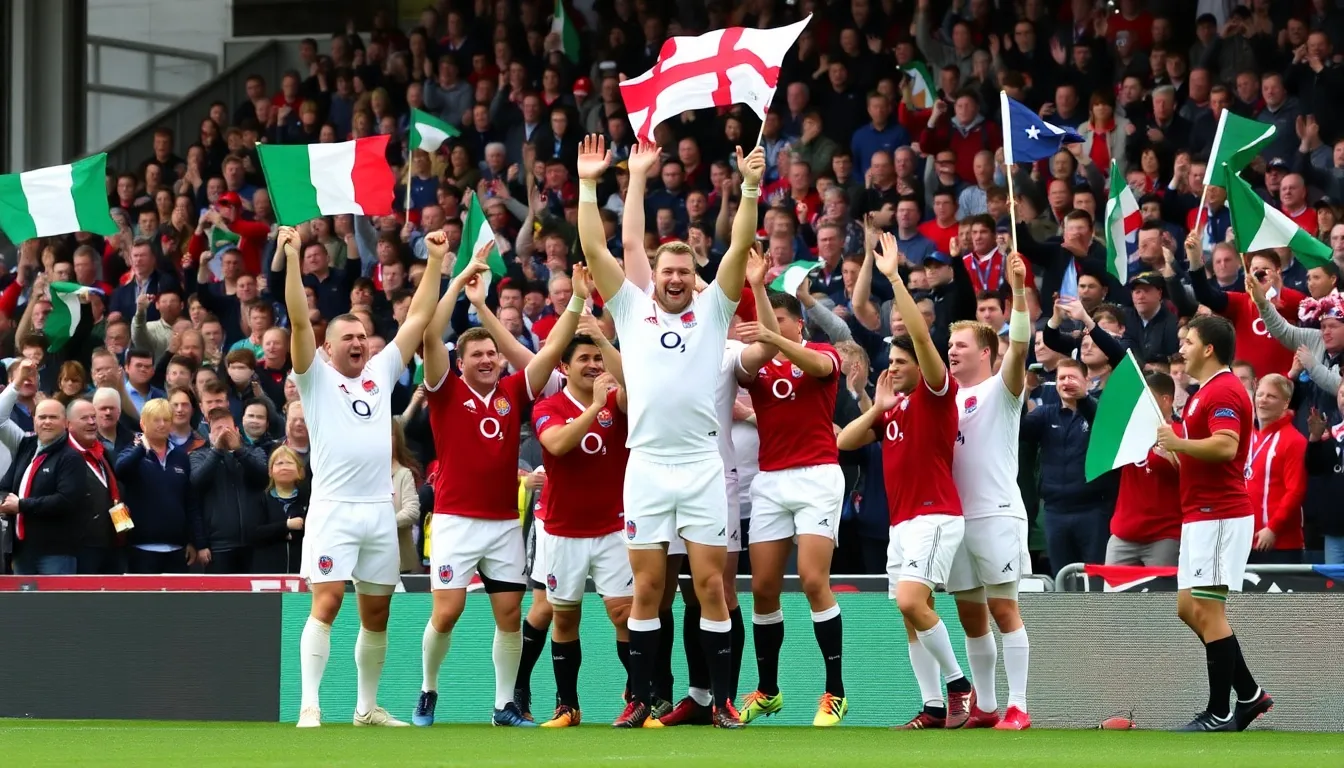 England's rugby team celebrates their victory over Ireland at Aviva Stadium, surrounded by enthusiastic fans waving flags and cheering in the stands.