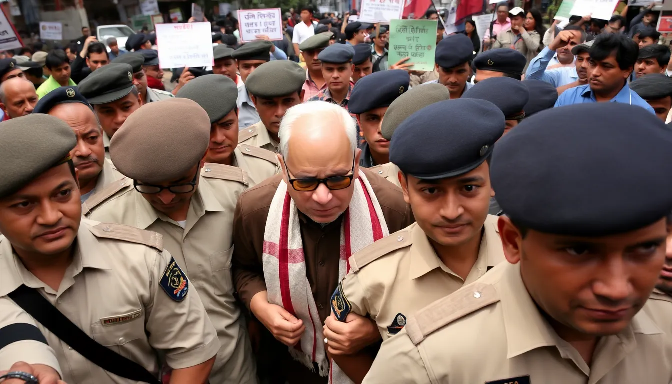 Former Prime Minister KP Sharma Oli is being escorted by police officers as he is taken into custody amid ongoing protests in Nepal.
