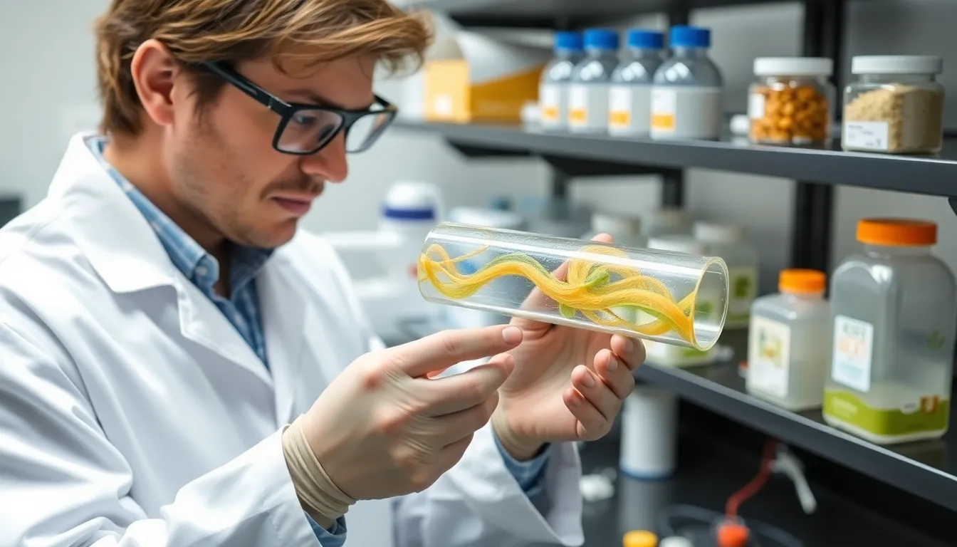 A researcher in a laboratory examines a labgrown food pipe designed to mimic natural tissue, showcasing advancements in biotechnology aimed at helping young patients with dietary restrictions.