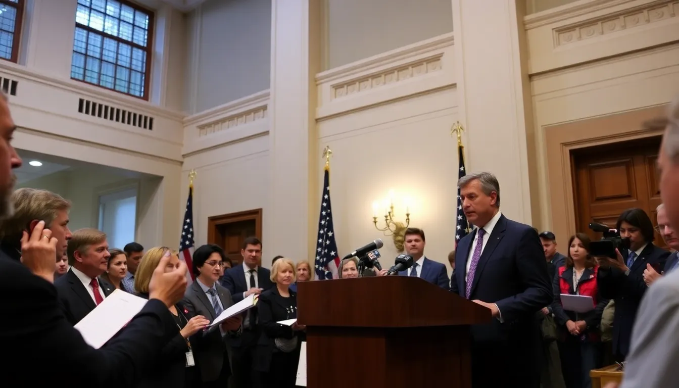 The Labor Secretary is seen speaking at a podium during a press conference while reporters gather around, highlighting the scrutiny surrounding recent civil rights complaints from department staff.
