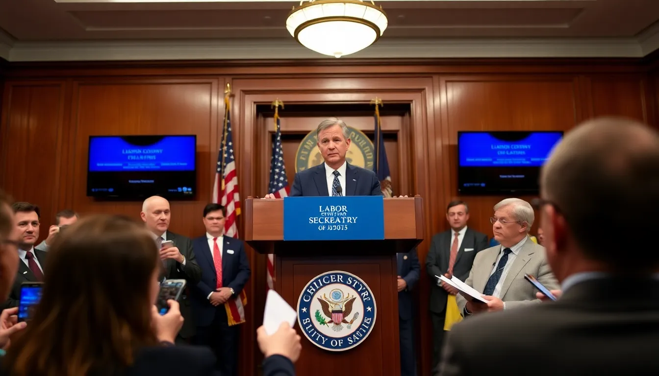 The Labor Secretary addressing staff during an internal meeting, highlighting the commitment to fostering a supportive and inclusive workplace despite ongoing allegations
