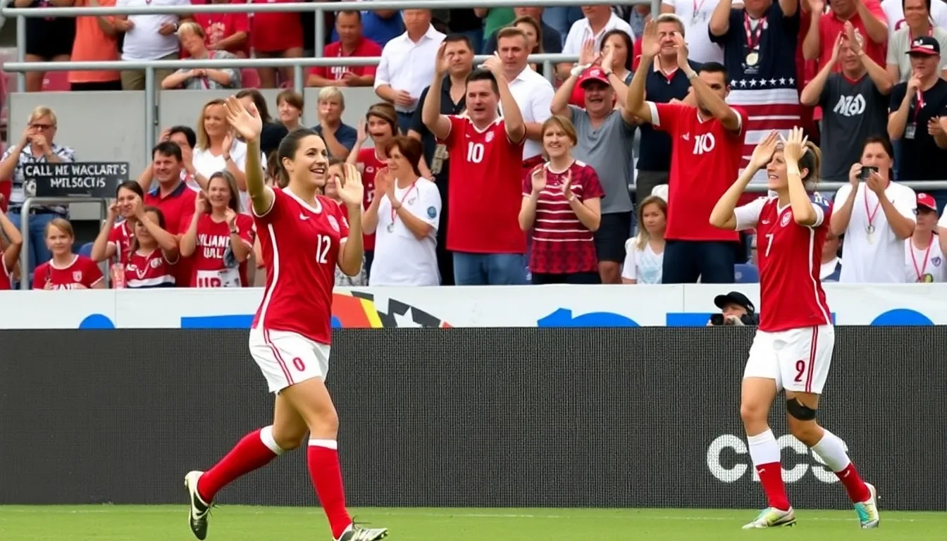 Sam Kerr celebrates after scoring her second goal during a tense friendly match against the United States, while fans express their frustration over a controversial nogoal decision.