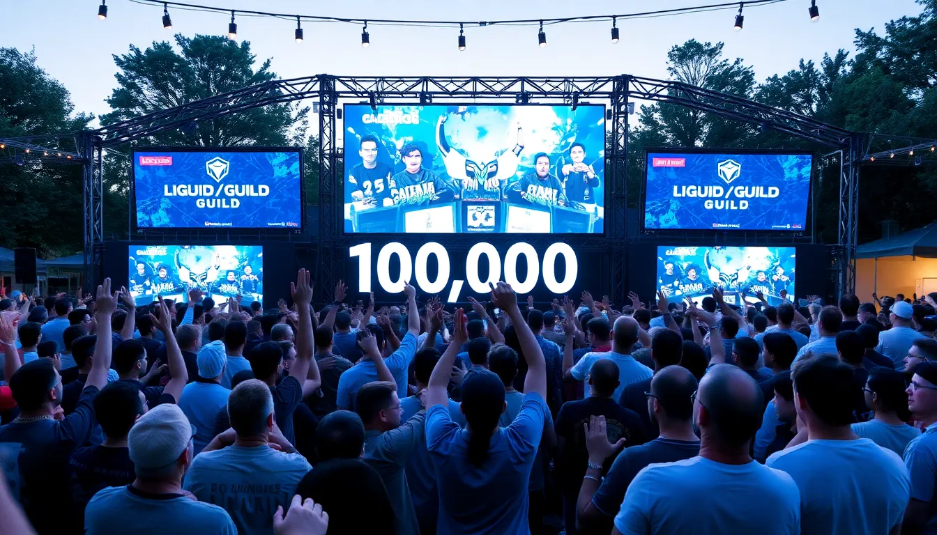 A large crowd of enthusiastic fans watches the Liquid/Guild esports event on multiple screens, celebrating as the viewer count surpasses 100,000.