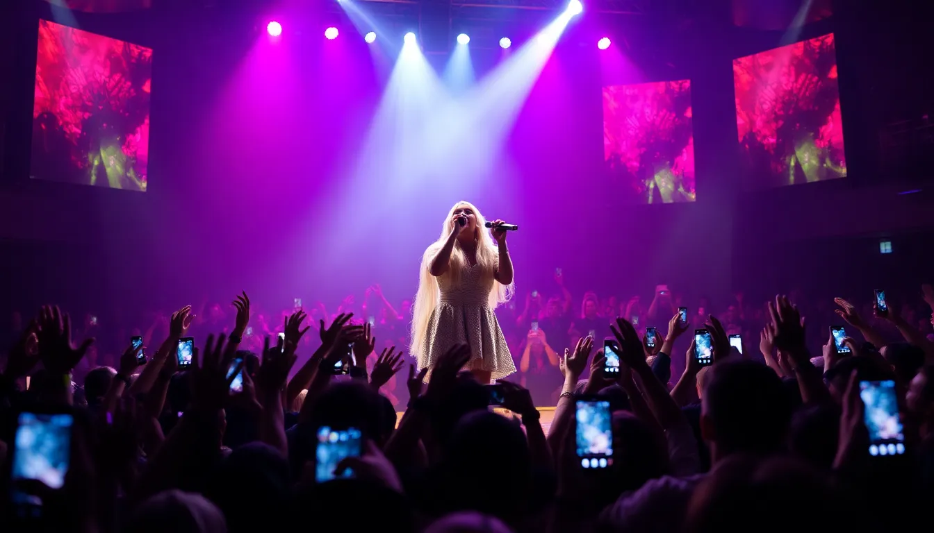 Lady Gaga performs her latest single on stage, captivating the audience with her powerful vocals and emotional expression.
