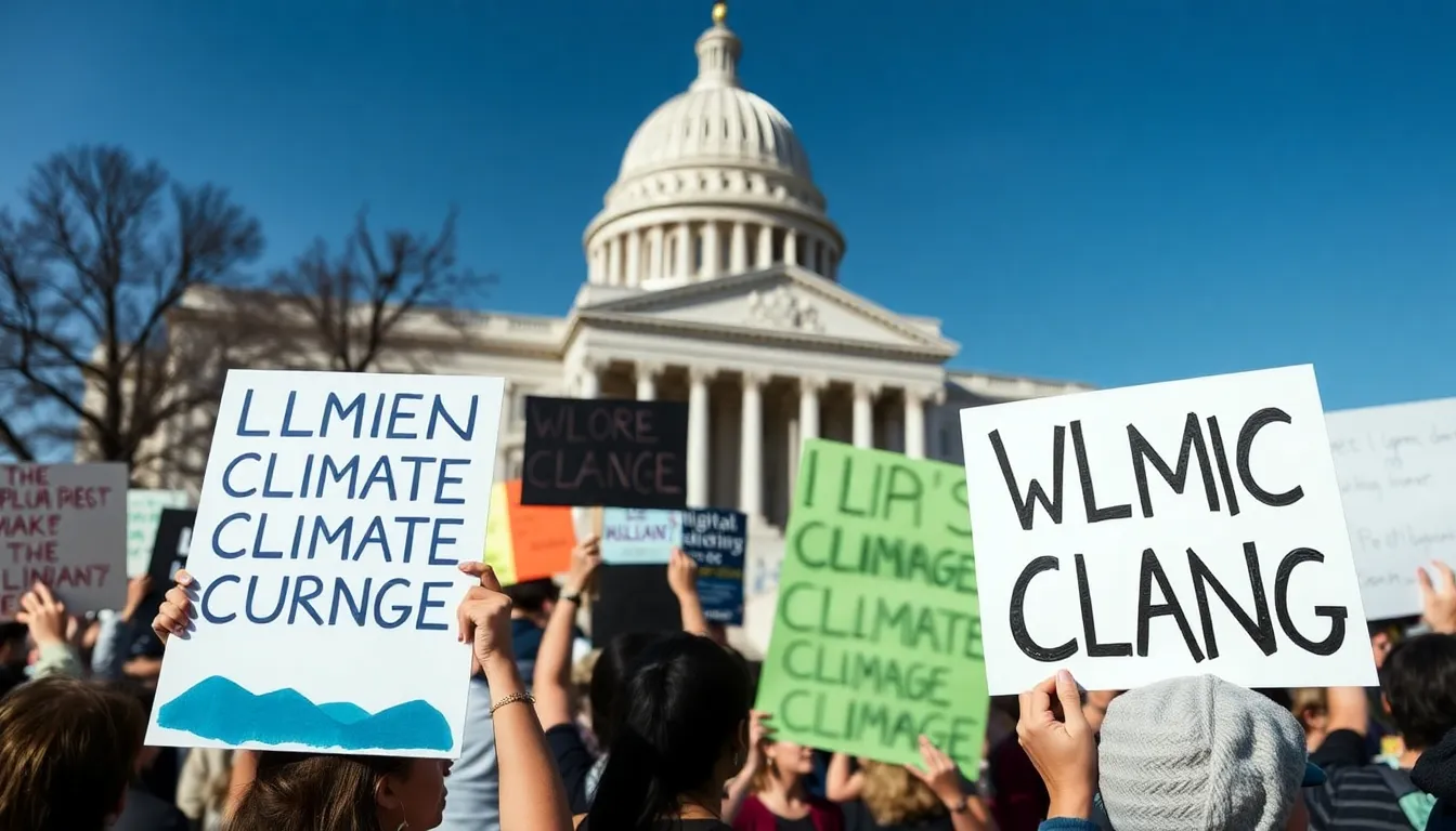 Protesters gather in front of a government building, holding signs demanding action on climate change as tensions rise ahead of the upcoming presidential elections in the United States.