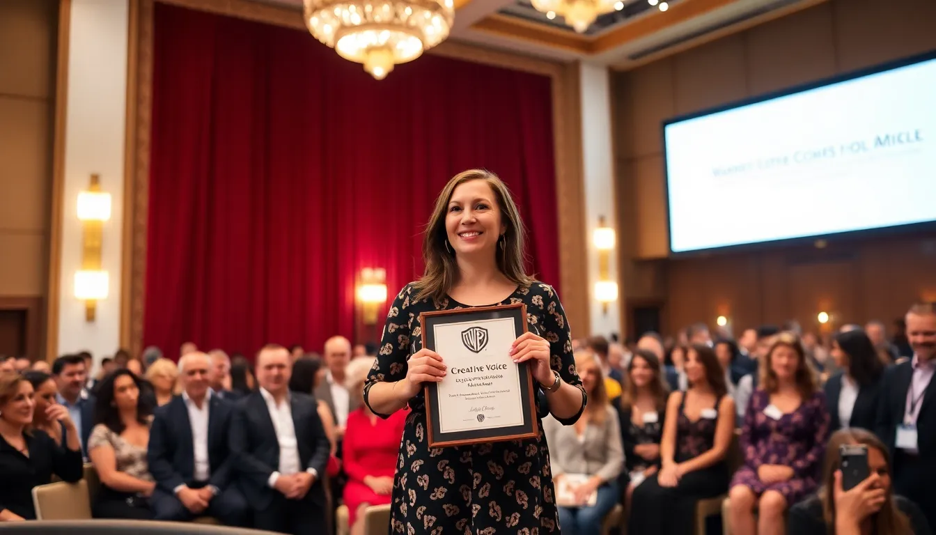 Laufey stands on stage holding her ASCAP Creative Voice Award, smiling as she celebrates her contract renewal with Warner Chappell Music during a lively industry event.