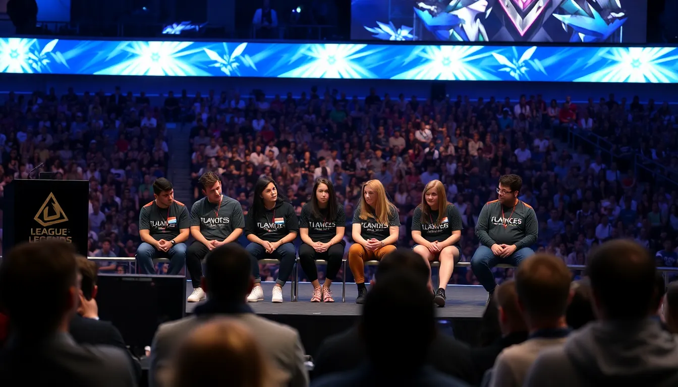 A group of esports players engages in a panel discussion at a League of Legends tournament, focusing on the impact of menstrual health on gaming performance and player welfare.
