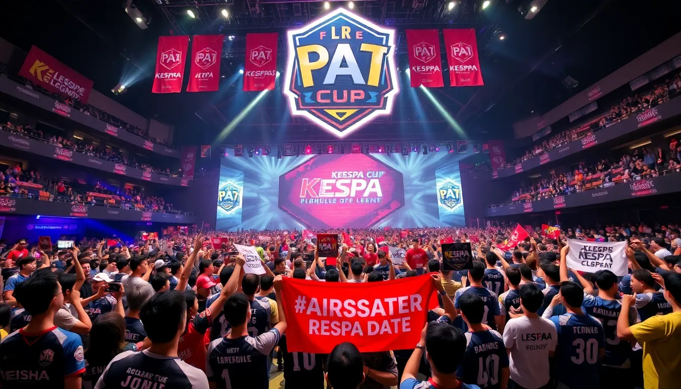 A bustling esports venue filled with spectators enjoying the excitement of highquality broadcasts of League of Legends gameplay