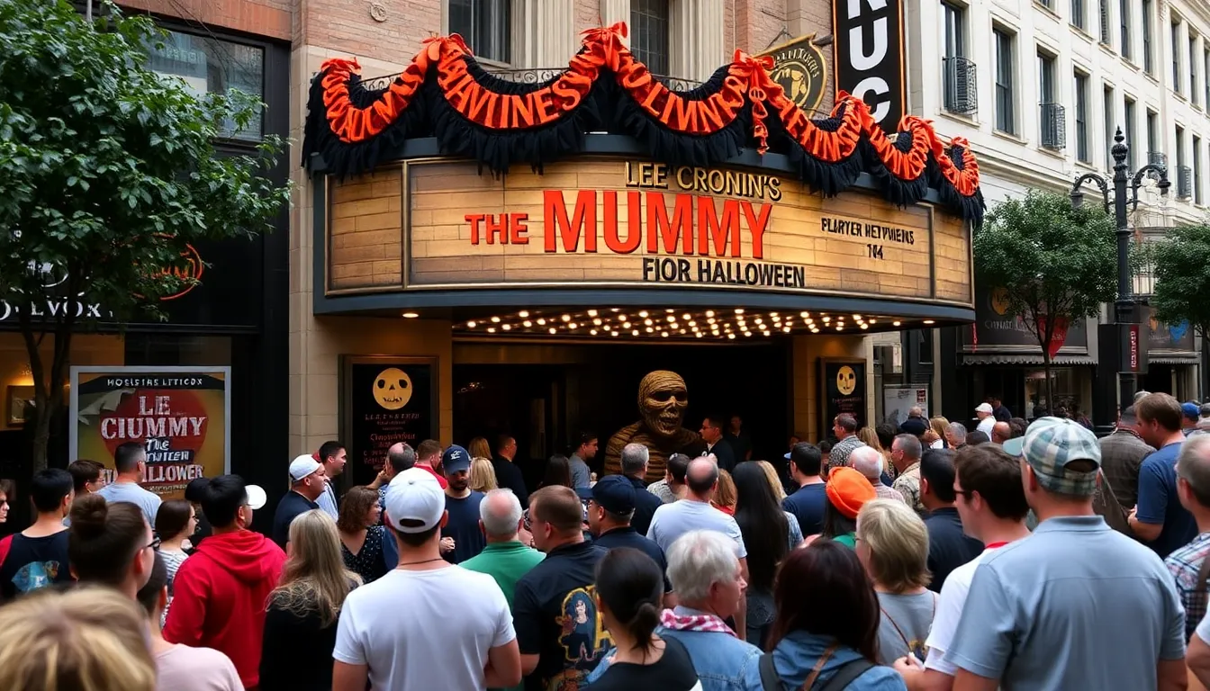 Crowds gather outside a theater adorned with Halloween decorations, eagerly awaiting the premiere of Lee Cronin's The Mummy as part of the Halfway to Halloween celebration.
