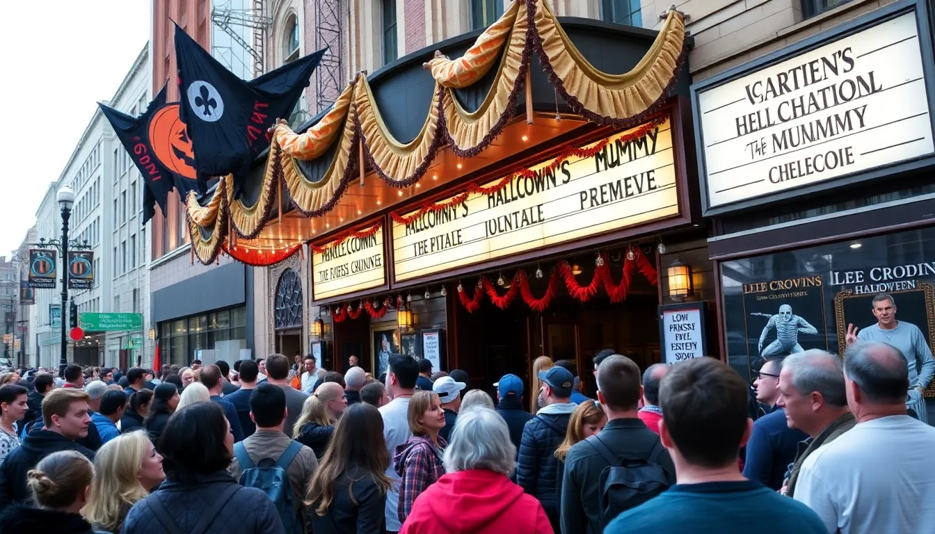 Crowds enjoying the festive atmosphere of the Halfway to Halloween celebration, showcasing their passion for horror films and themed events
