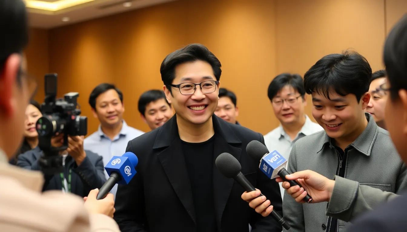 Lee Sung Jin smiles while discussing his excitement for writing the script of the XMen reboot during a press conference.