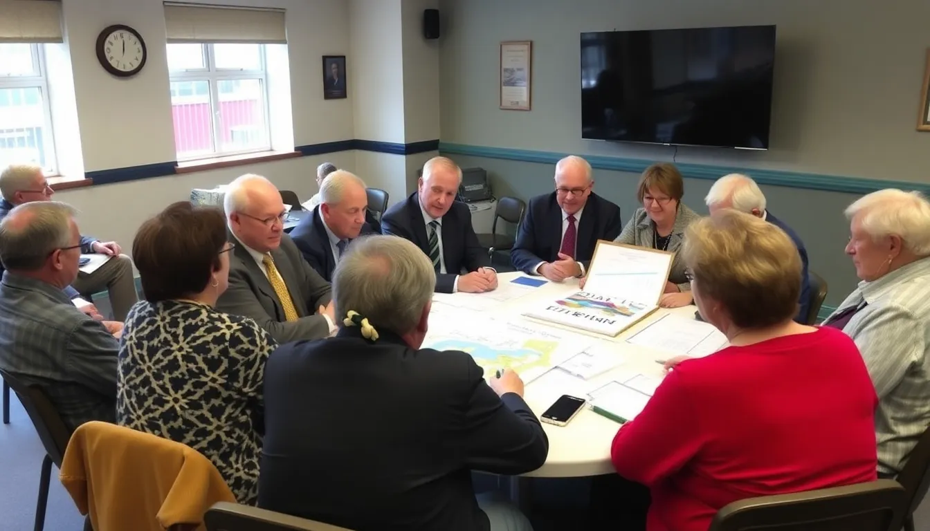 Local officials gather at a community meeting to discuss the revitalization of the Leeds tram project, highlighting plans for improved public transport and economic growth.