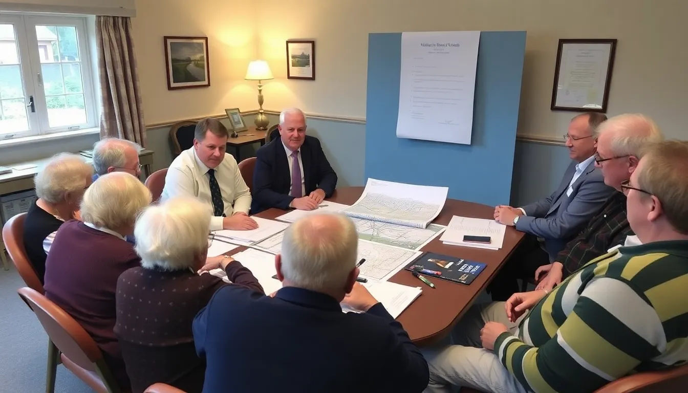 A local government meeting with officials and stakeholders reviewing plans for the new tram network and its potential benefits for the community
