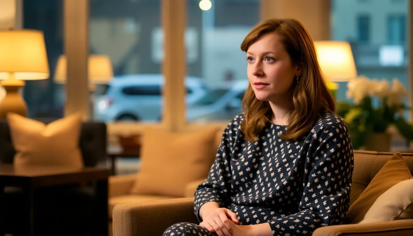 Lena Dunham sits in a cozy interview setting, reflecting thoughtfully as she discusses the challenges of fame and its impact on her mental health.