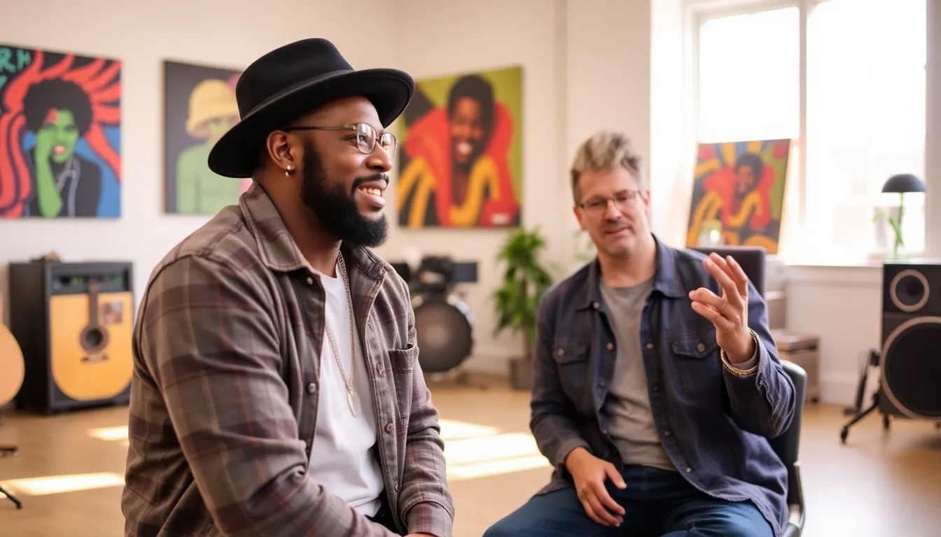 Leon Thomas passionately discusses his music and personal journey during an interview, surrounded by vibrant artwork that reflects his unique R&B style.