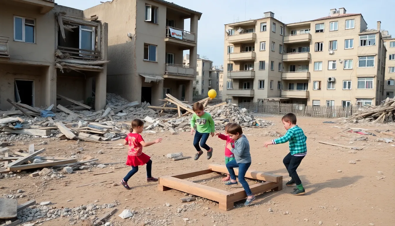 A group of children play in a makeshift playground surrounded by damaged buildings in a wartorn neighborhood of Ukraine.