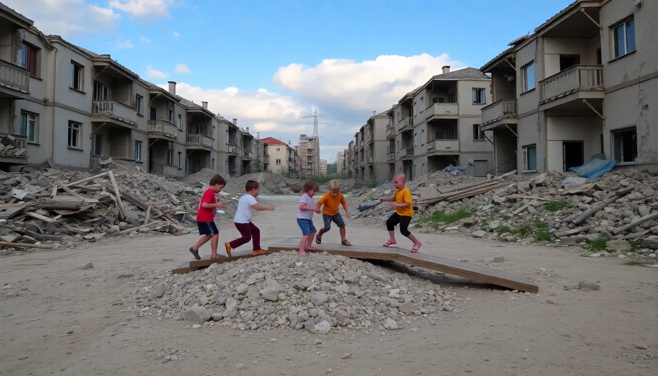 Children play in a temporary shelter, showcasing resilience and the enduring spirit of youth despite the surrounding challenges