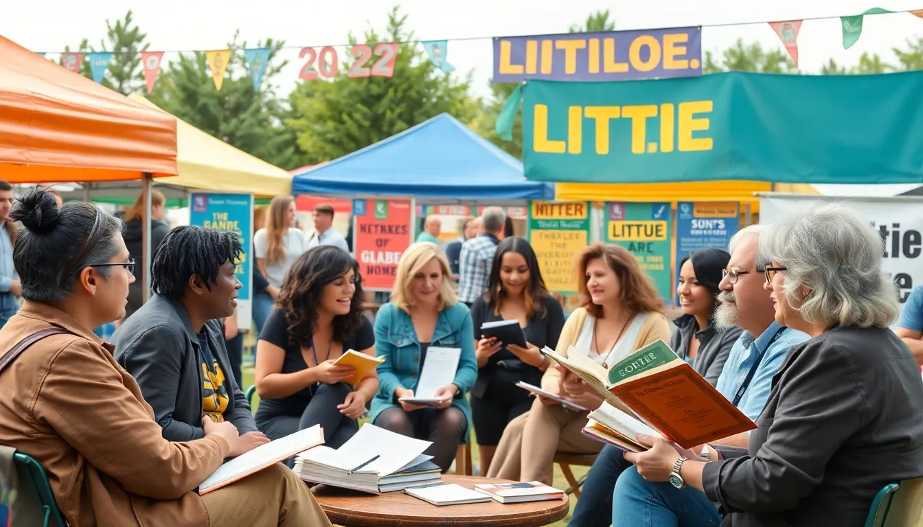 A group of diverse authors engaged in a lively discussion at a literary festival, highlighting the blending of traditional hardboiled elements with contemporary themes and voices