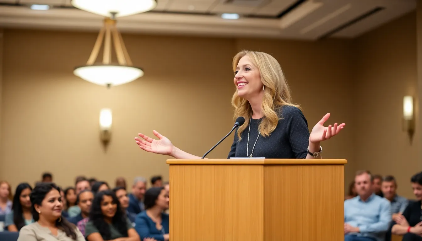 Lisa Kudrow speaks to an audience during a promotional event, passionately discussing the need for modern sitcoms to embrace bold humor and tackle uncomfortable topics.