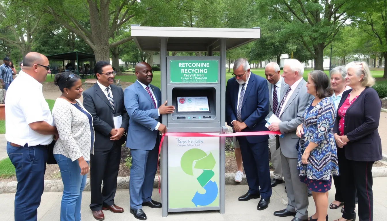 Community members gather around the newly unveiled recycling machine, engaging with local officials and discussing the importance of recycling during the launch event.