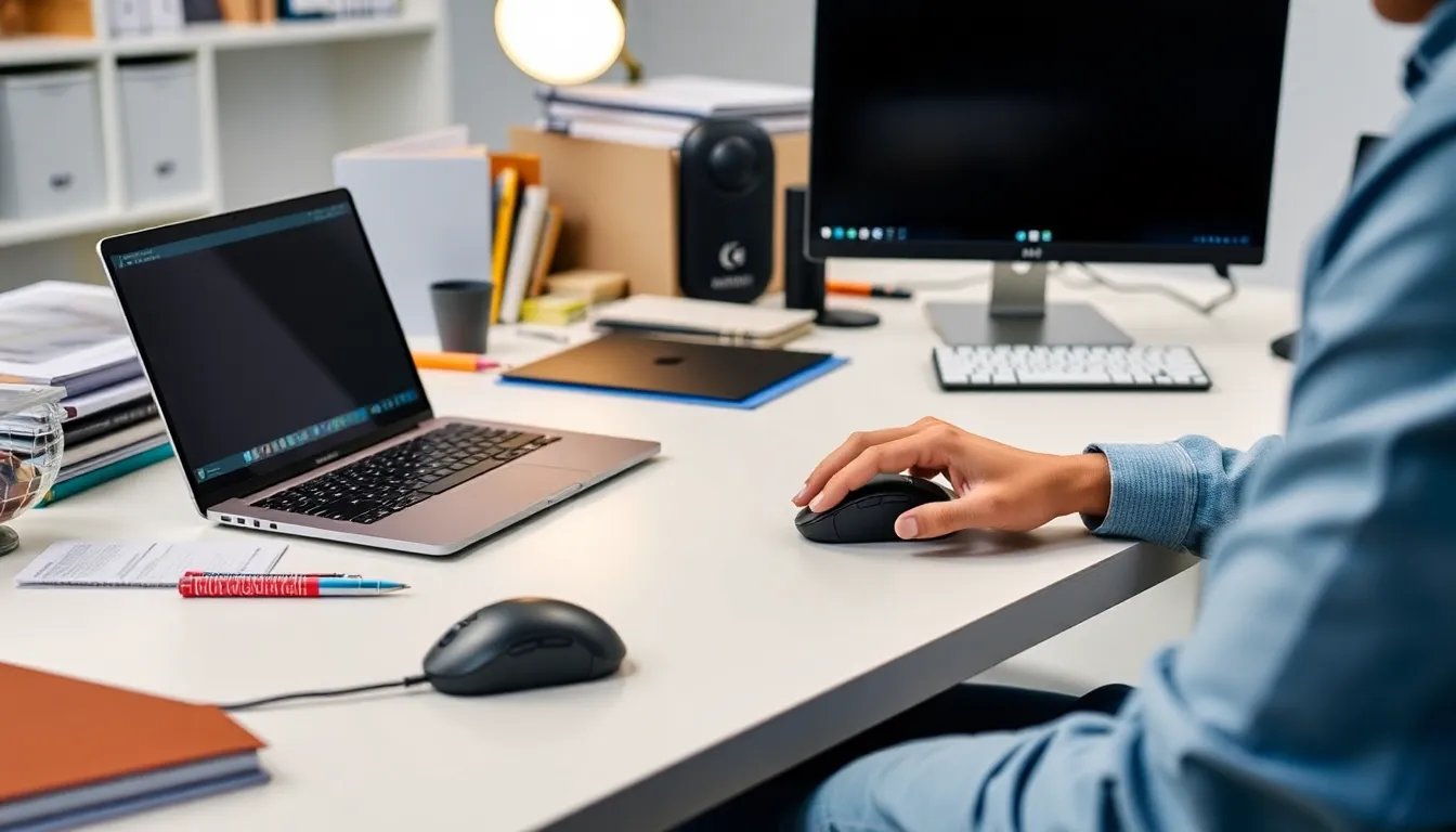 A person is using the Logitech MX Master 4 mouse on a desk cluttered with office supplies and a laptop, showcasing the device's ergonomic design and advanced features in a modern workspace.