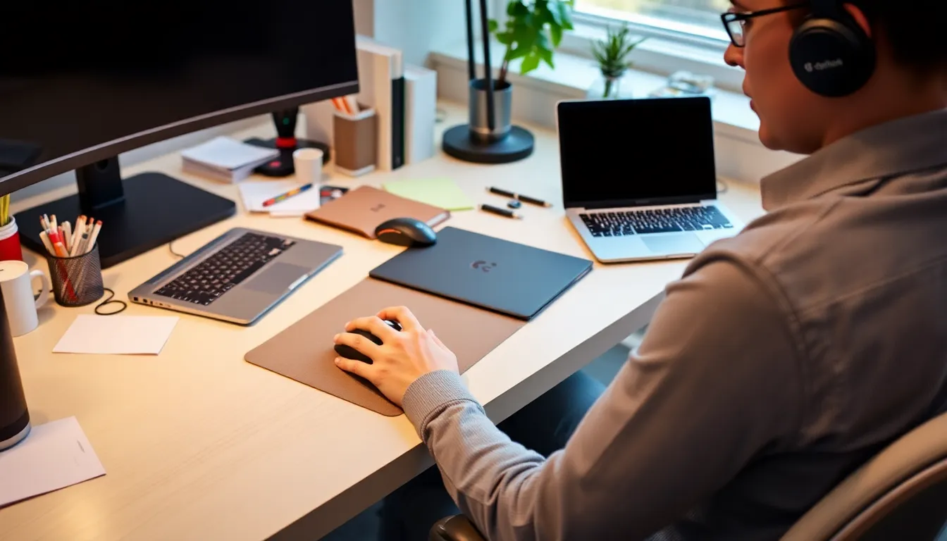 The MX Master 4 seamlessly switching between multiple devices, illustrating its versatility for multitaskers in various fields