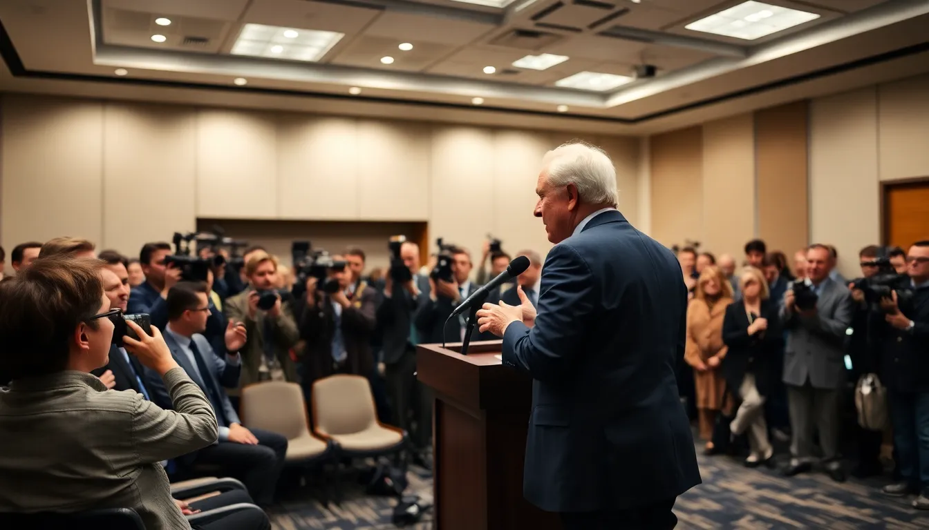 Lorne Michaels speaks at a press conference, outlining his vision for the upcoming "SNL U.K." while surrounded by a group of journalists and cameras.