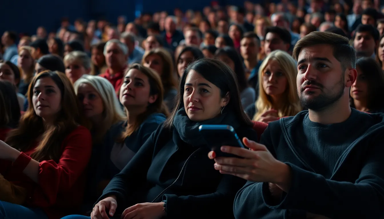 A crowded cinema audience reacts with frustration as a patron uses their phone during a movie screening.