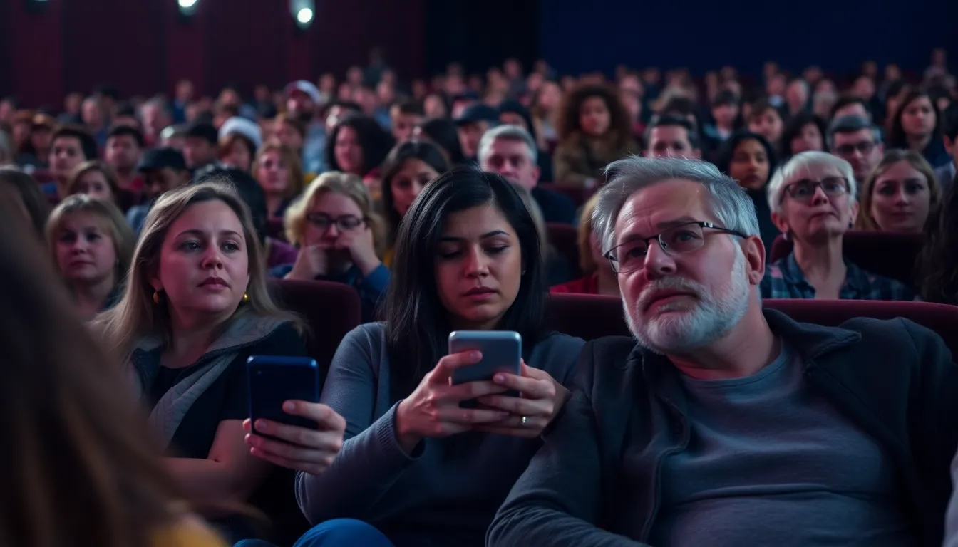 A closeup of a moviegoer visibly frustrated, attempting to focus on the screen despite the noise from loud eaters nearby