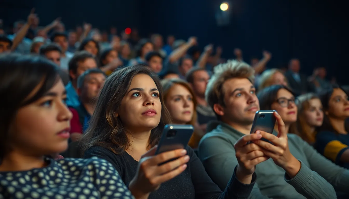 A vibrant cinema lobby filled with patrons discussing their movie experience, highlighting the communal aspect of cinema despite recent distractions