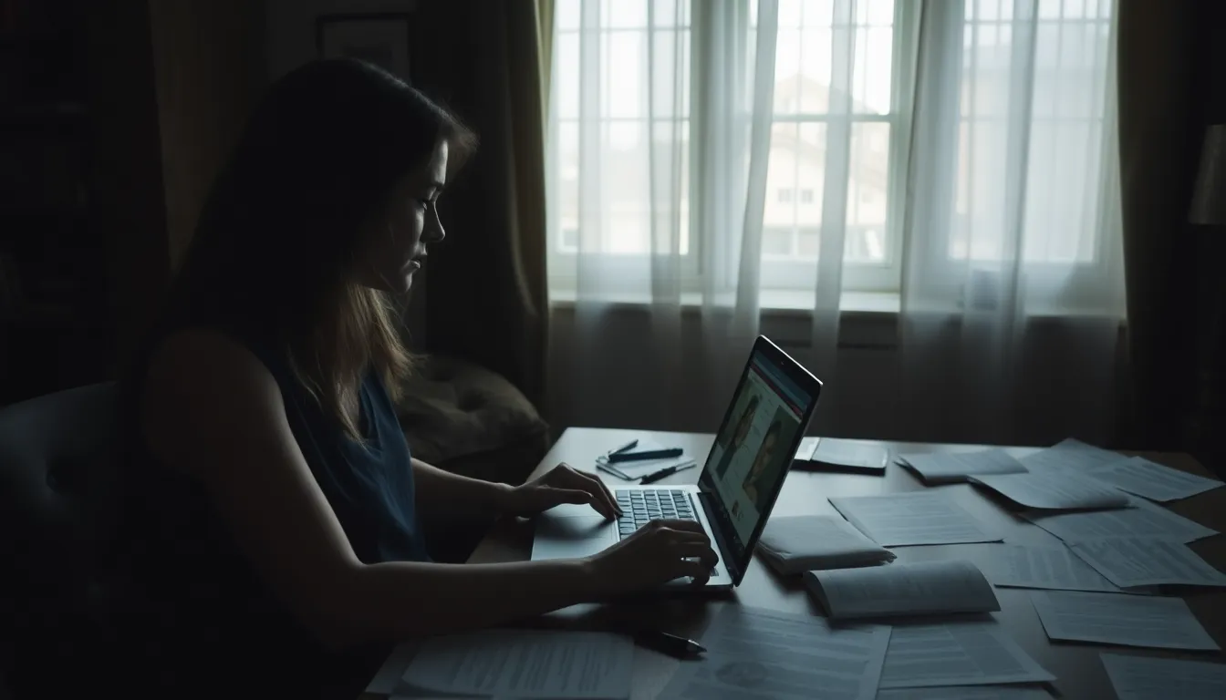 A woman sits in a dimly lit room, intently watching a documentary on her laptop that explores her relationship with a convicted murderer, surrounded by notes and articles on the topic.