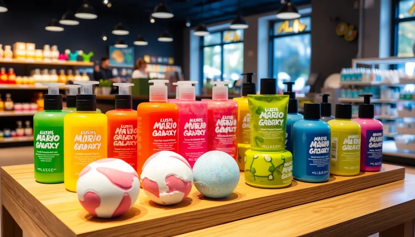 A vibrant display of Lush's Mario Galaxy toiletries, featuring colorful shower gels, bath bombs, and body lotions, captures the whimsical essence of the iconic video game franchise.