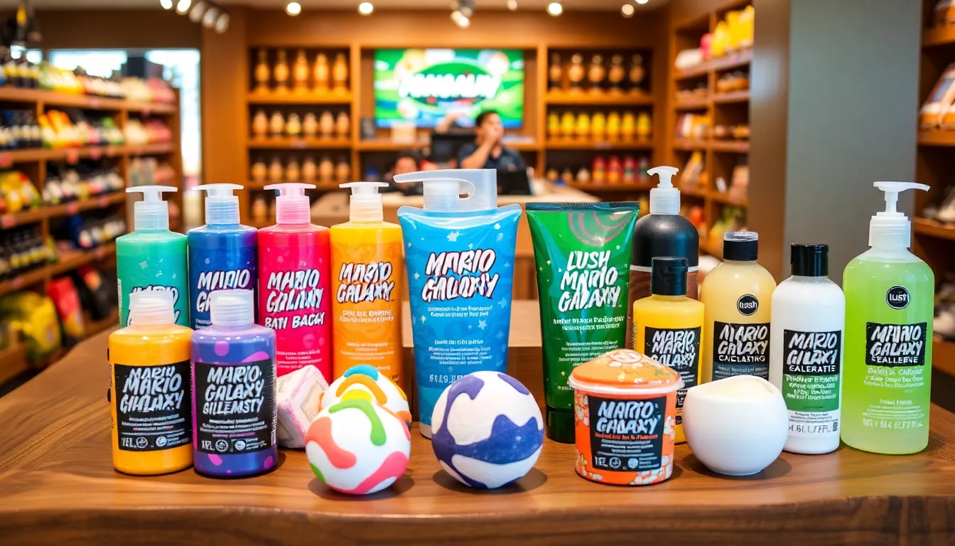 A closeup view of the Mario Galaxy toiletries collection, highlighting unique shapes and bright colors that evoke nostalgia for the beloved video game franchise