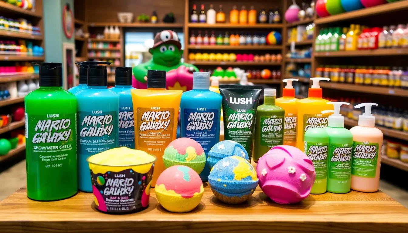 Enthusiastic shoppers exploring the limitededition Mario Galaxy range at a Lush store, illustrating the excitement and buzz surrounding the new product launch