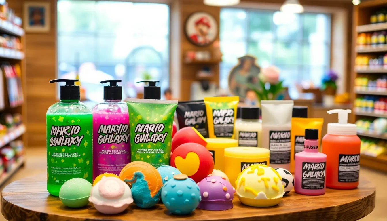 A display of Mario Galaxythemed toiletries arranged aesthetically, capturing the blend of gaming culture and personal care in a visually appealing manner