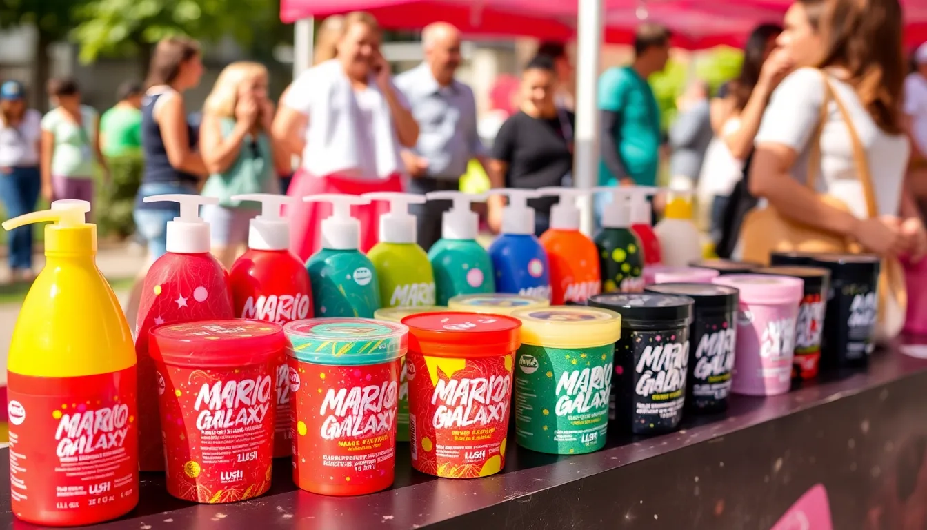 A colorful display of Lush's Mario Galaxy toiletries, featuring vibrant packaging and whimsical designs, captures the attention of shoppers at the product launch event.