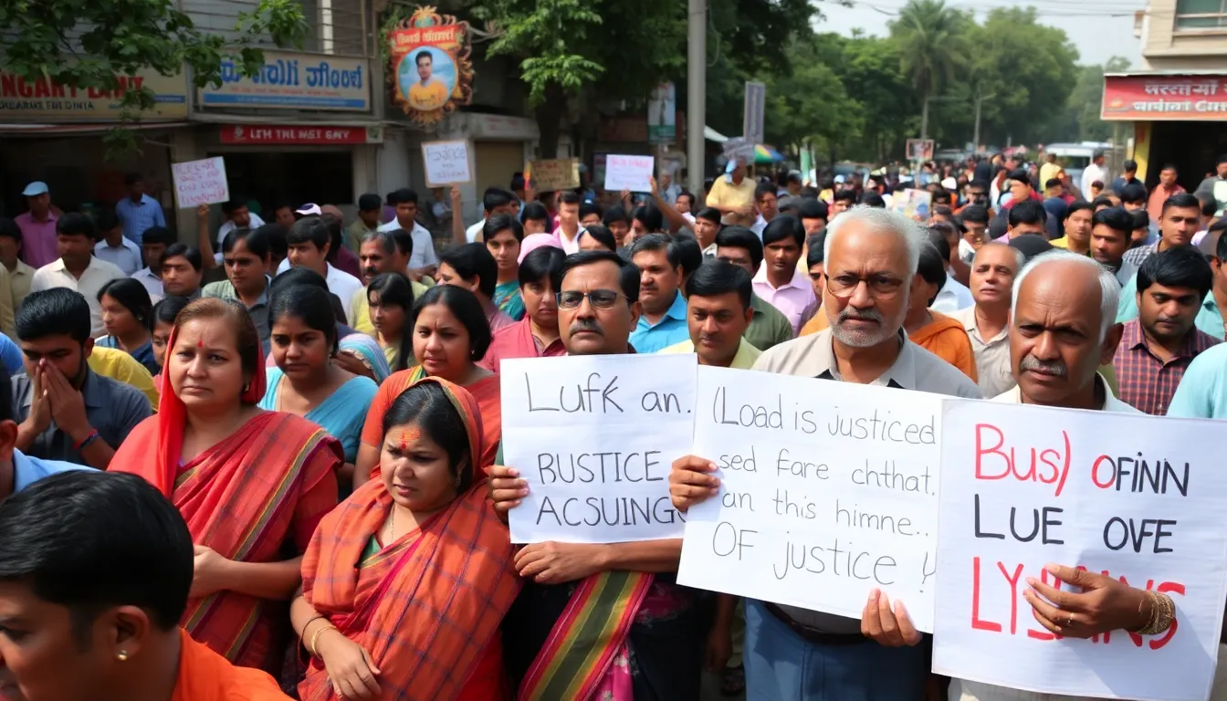 A crowd gathers in a tense atmosphere as local residents express their anger and demand justice following a recent lynching incident in Bihar, India.