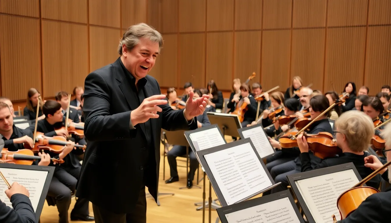 Conductor Semyon Bychkov leads the Czech Philharmonic Orchestra during a recording session for Mahler's symphonies, capturing the intensity and emotion of the performance.