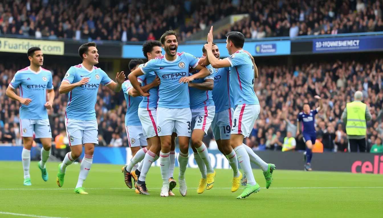 Manchester City players celebrate a goal during their 41 victory against Chelsea at the Etihad Stadium, showcasing their dominance in the Premier League.