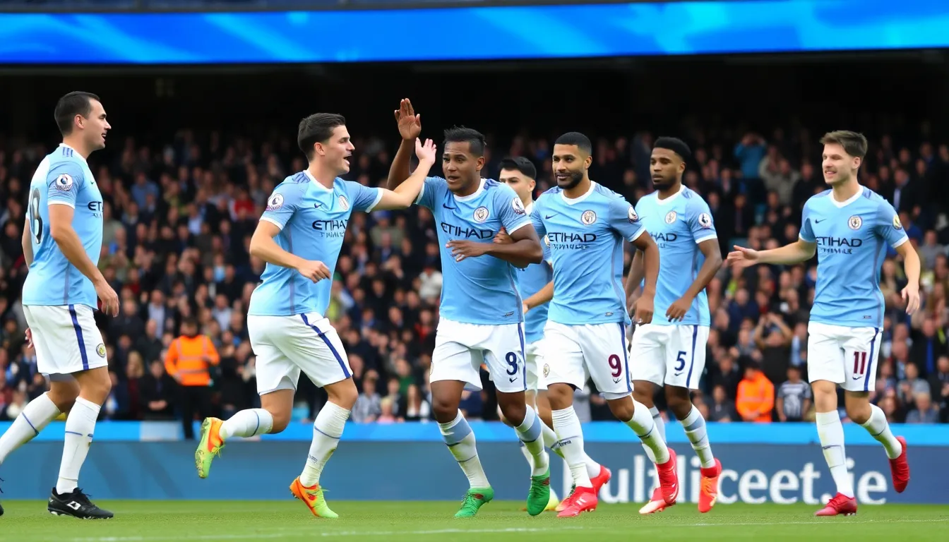 Manchester City players huddle together in jubilation, emphasizing their strong team spirit following a wellearned victory
