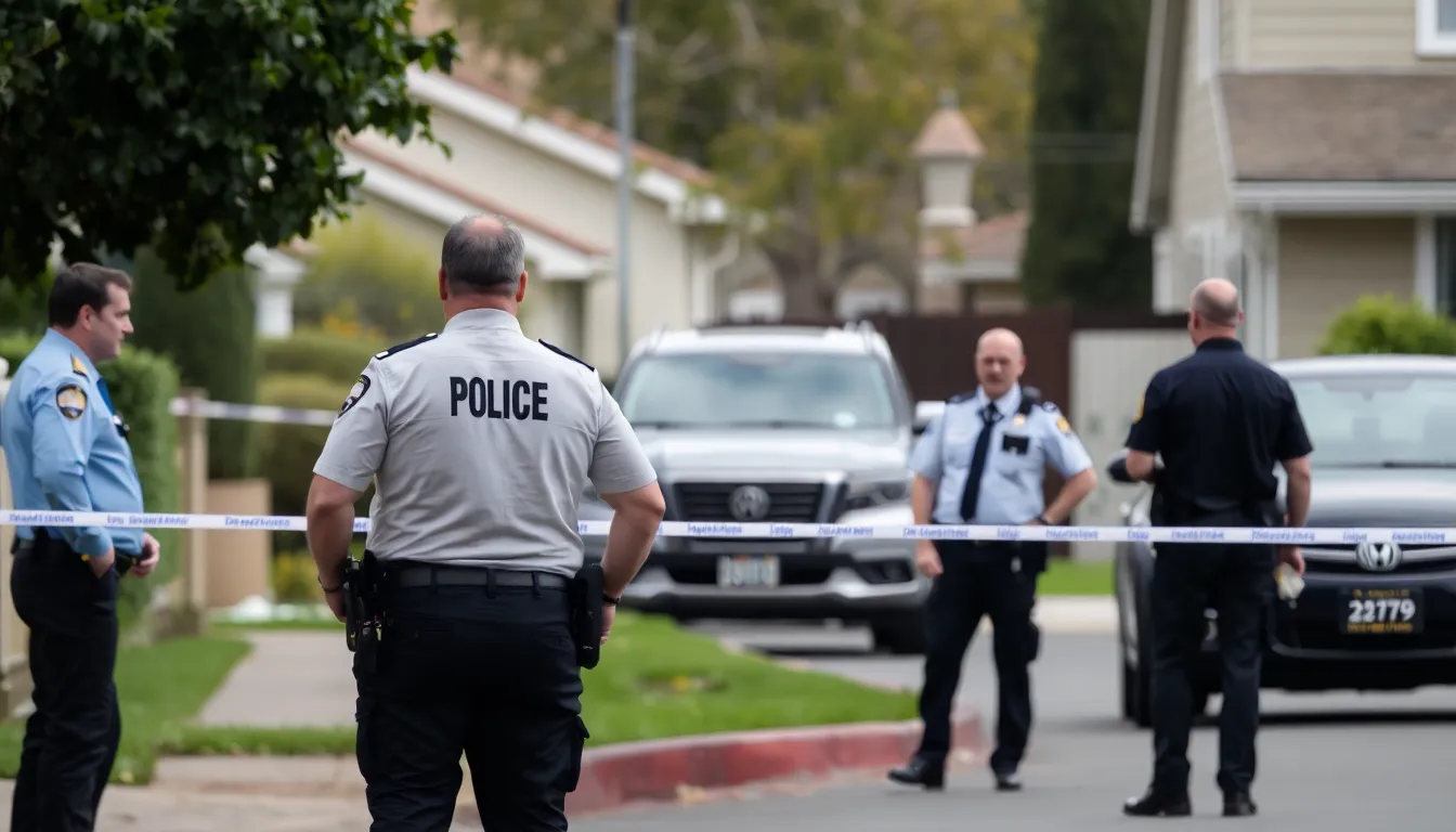 Law enforcement officers stand outside the residence of OpenAI's chief executive following an attack, with police tape cordoning off the area as investigators gather evidence.