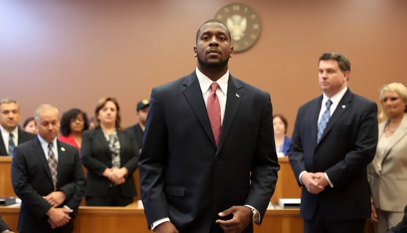 A man stands in a courtroom as he pleads guilty to charges related to the 2002 murder of DJ Jam Master Jay, with legal representatives and onlookers present.