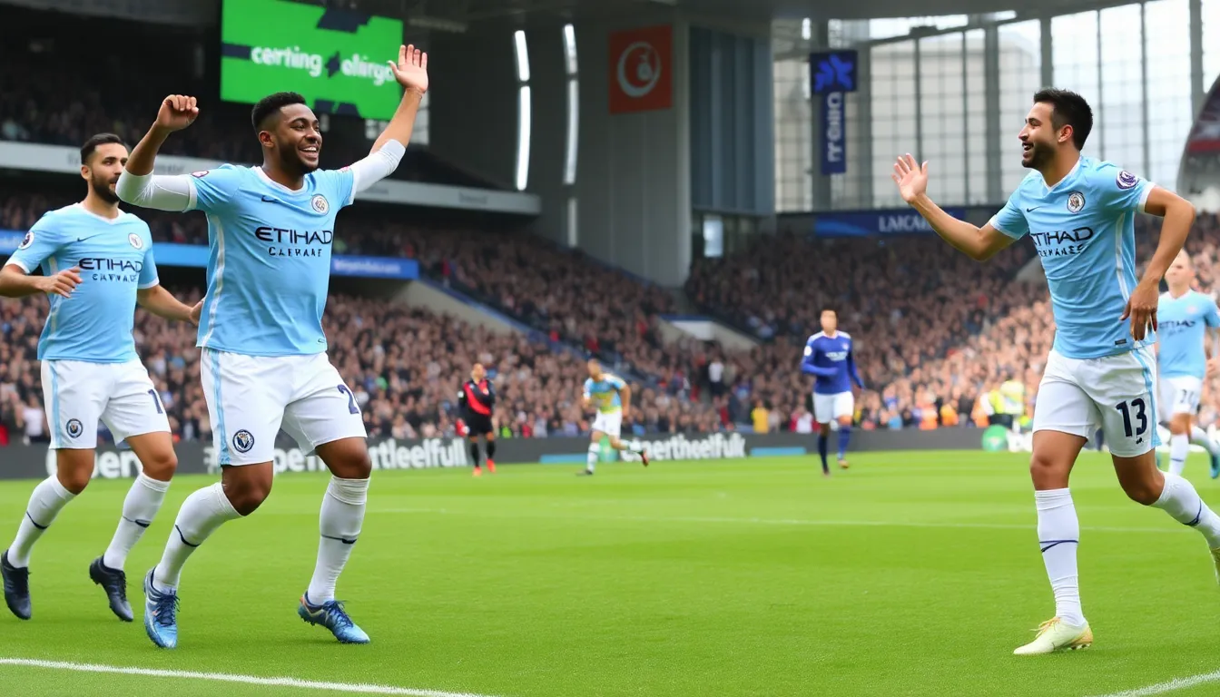 Manchester City players celebrate after scoring a goal against Chelsea during their Premier League match at the Etihad Stadium.