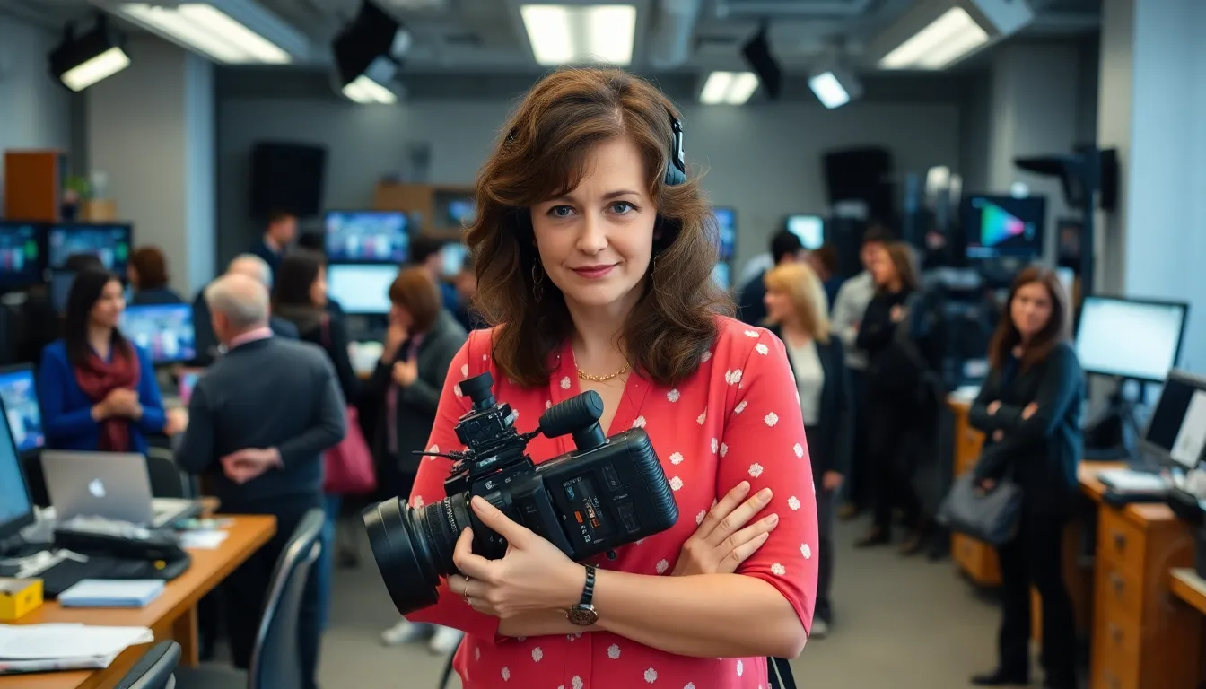 Margaret Gipsy Moth stands confidently in a bustling newsroom, surrounded by colleagues as she prepares her camera equipment for an upcoming assignment.