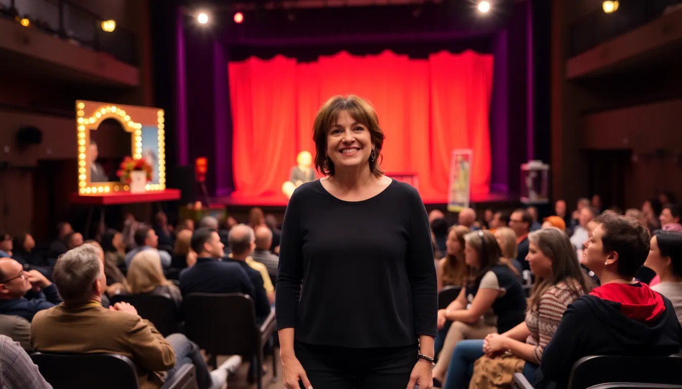 Mariska Hargitay smiles warmly as she stands on stage during a rehearsal for her upcoming Broadway debut in Every Brilliant Thing, surrounded by colorful stage props and a captivated audience.